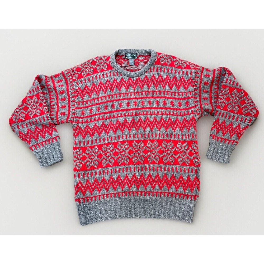 Agenda Vintage 100% Chunky Wool Sweater Red Grey Print Classic Unisex Size  L